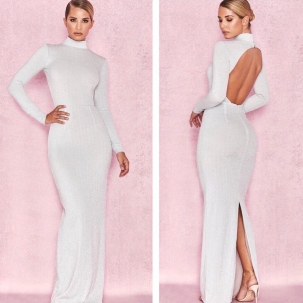 NWT House of CB Contessa Silver Sparkly Backless Maxi Dress